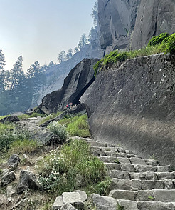 <img alt="Irregular chunks of granite create the stairs between Vernal and Nevada Falls in Yosemite.">