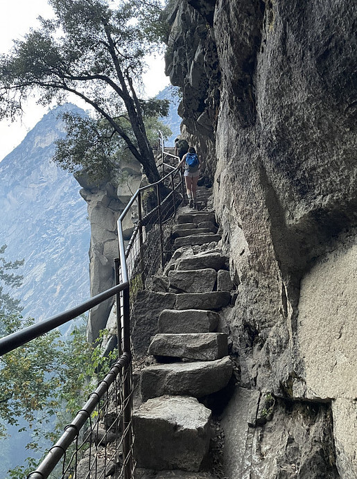 <img alt="the steep granite stairs on the mist trail in Yosemite ascending to Venal Falls  ">
